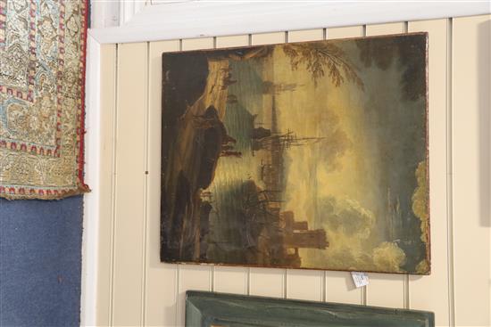 18th century Italian School Figures overlooking a harbour 27 x 22.5in., unframed